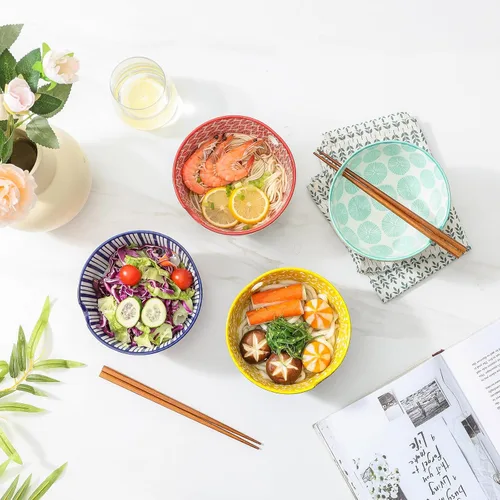 Vista 4 de Selamica Juego de cuencos de cerámica para ramen, cuencos de fideos de 15 onzas para cocina con palillos, cuencos profundos para sopa japonesa