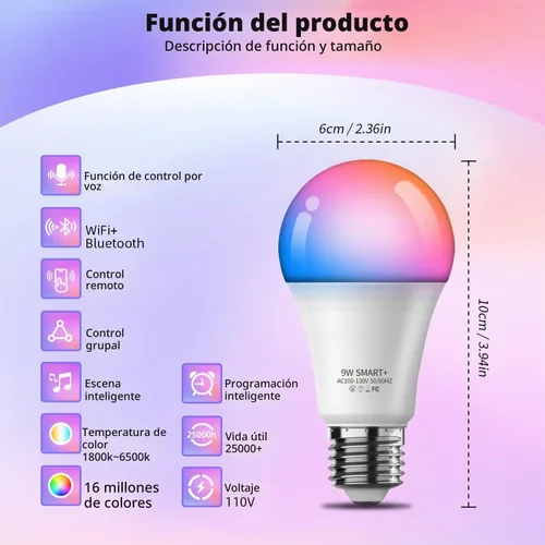 Vista 2 de Bombillas inteligentes con control remoto, bombilla LED multicolor regulable que cambia de color, funciona con Alexa y Google Home, bombilla WiFi