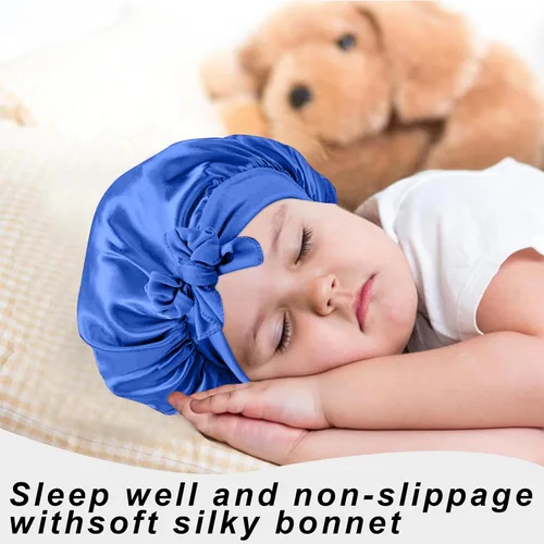 Vista 8 de 3 Piezas Gorros de Seda para Niños para Dormir - Gorro de Satén para Bebé para Dormir, Gorros de Cabello para Niños para Cabello Rizado Niñas Niños