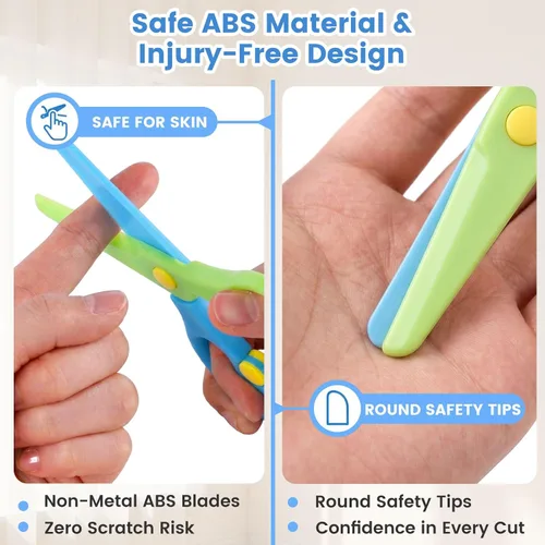 Vista 4 de LovesTown Tijeras de seguridad para niños, 16 tijeras de punta roma para entrenamiento preescolar, diseño antipellizcos, desarrollo de coordinación