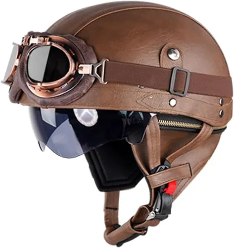 Vista 2 de Casco de motocicleta vintage, casco de cuero retro delgado para adultos, hombres y mujeres, casco vintage de cara abierta novedoso para crucero