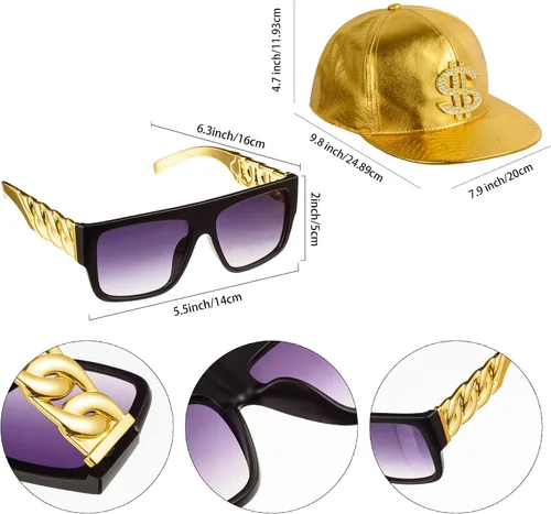 Vista 3 de YAROMO 80s 90s Costumes Outfit for Men Women, Hip Hop Costume Kit Metal Chain Flat Top Sunglasses Rapper Big Chain Necklace and Bracelet Hip Hop