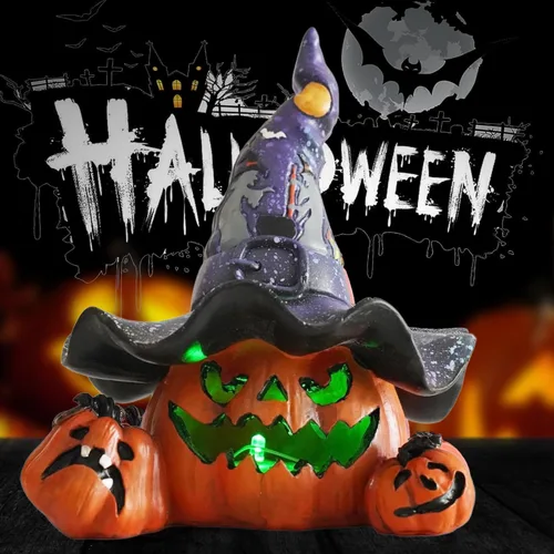 Vista 5 de Hodao Decoraciones de calabaza de Halloween con luz, sombrero de bruja hecho a mano, adornos de calabaza para decoración de Halloween, decoración