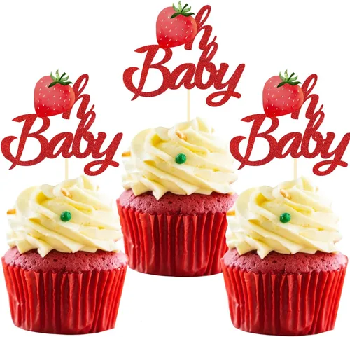 Vista 6 de 24 piezas de decoración para cupcakes de fresa con purpurina y bayas dulces para temática de bayas y fresas para niños, cumpleaños, fiesta de Berry