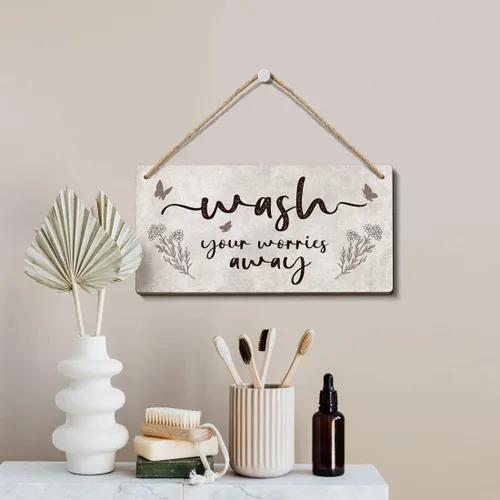 Vista 5 de Heuhuww Decoración de Pared de Baño - Letrero "Lava Tus Preocupaciones" 15x30 cm, Letreros Inspiracionales para Tina, Baño, Lavandería, Polvo