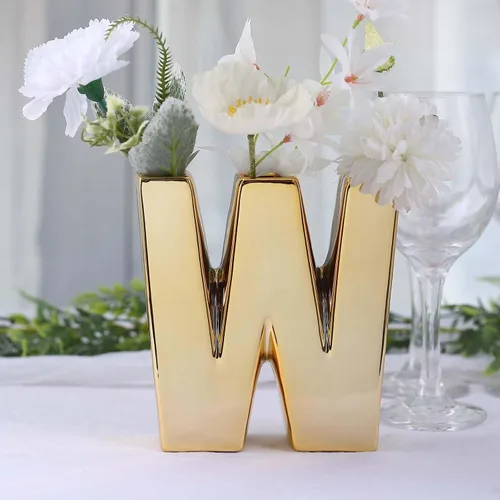 Vista 24 de Efavormart.com Maceta de cerámica chapada en oro brillante de 6" con escultura de letra B, florero para plantas de brotes, pieza central de mesa