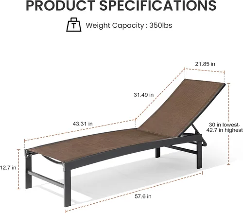 Vista 2 de Chaise Lounge Outdoor, Pool Lounge Set of 2 Tanning Chiars(Brown)