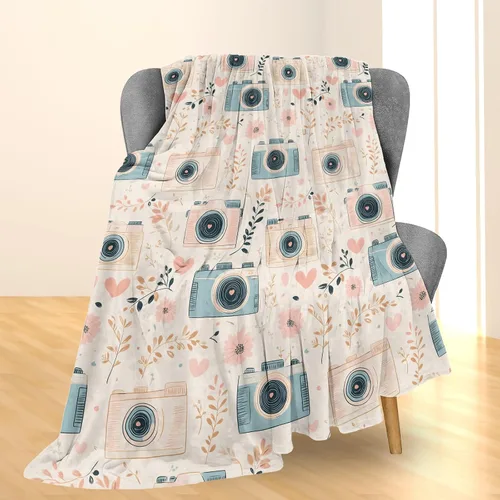 Vista 2 de Manta retro para cámara, manta de franela suave y ligera para sofá, cama, viajes y decoración del hogar, mantas cálidas y mullidas para adultos
