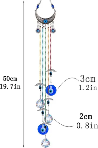 Vista 3 de YU FENG Atrapasoles de ángel de cristal colgante de 12.5 pulgadas y 20 pulgadas de ojo malvado azul colgante de cristales atrapasoles con chakras