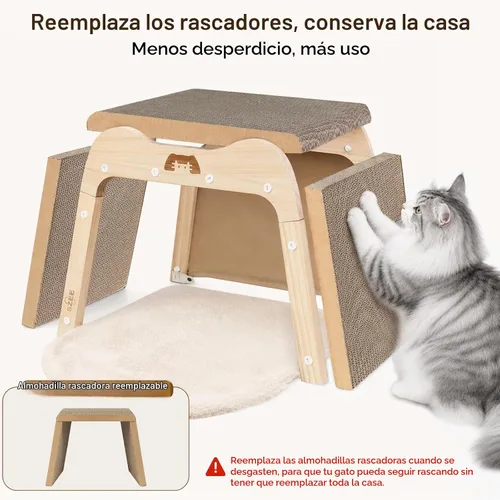 Vista 3 de SZEE Cama rascador para gatos y casa de cartón de madera maciza para gatos