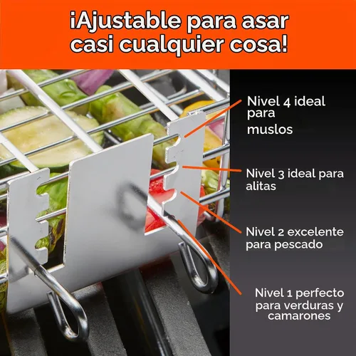 Vista 2 de Cesta de parrilla ajustable con mango extraíble – 4 niveles de altura para verduras, carne, pescado y más – Cesta de barbacoa con tapa de bloqueo