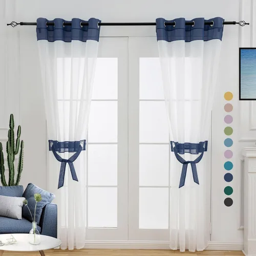 Vista 21 de L.Z.E - Cortinas transparentes blancas y negras de 63 pulgadas de largo, 2 paneles para sala de estar, cortinas elegantes y modernas transparentes
