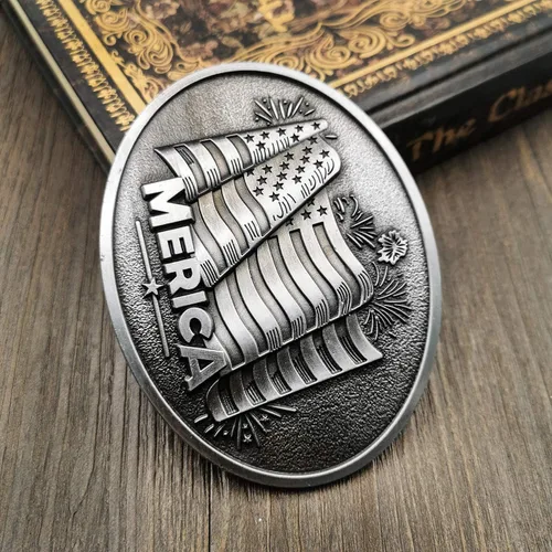 Vista 5 de YOQUCOL - Hebilla de cinturón para hombre, diseño de bandera americana, color gris plateado