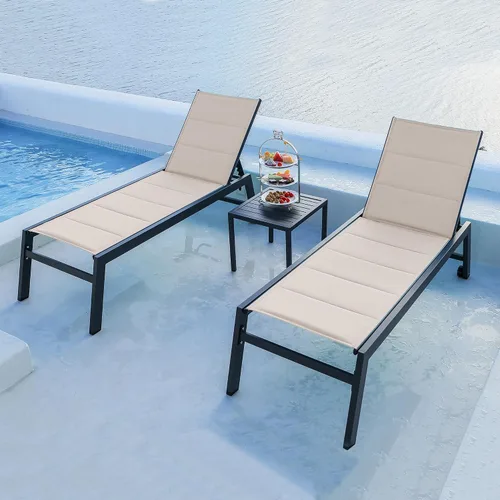 Vista 11 de PURPLE LEAF Juego de 2 tumbonas de aluminio para patio al aire libre con ruedas y mesa auxiliar, tumbona de piscina para jardín al aire libre, junto