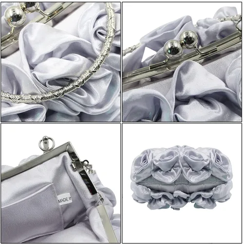 Vista 5 de RARITYUS Bolso de noche para mujer con forma de rosa de satén sedoso con elegante asa de metal para fiesta, boda