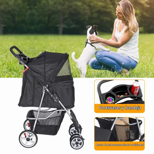 Vista 4 de Cochecito plegable para perros de 4 ruedas para gatos pequeños y medianos, cachorros, portátil, para viajes, campamento, con cesta de Negro