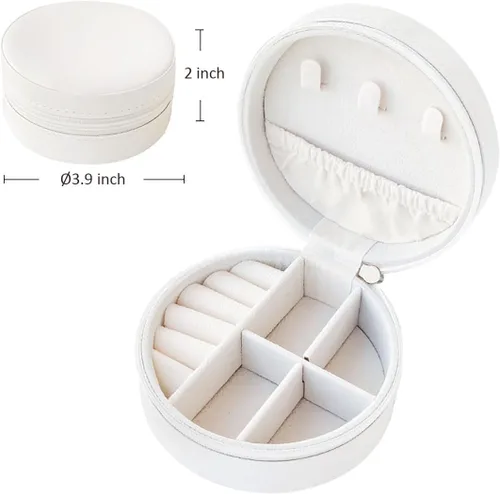 Vista 2 de RT&BS Pequeño joyero de viaje, organizador de viaje de joyería, cajas de joyería para mujeres y niñas con lindo mini forma redonda, bonito regalo