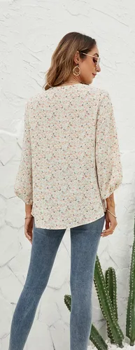 Vista 5 de POGTMM Blusa de verano de gasa con cuello en V y manga 34 para mujer, casual, holgada, para el trabajo, negocios, floral, túnica