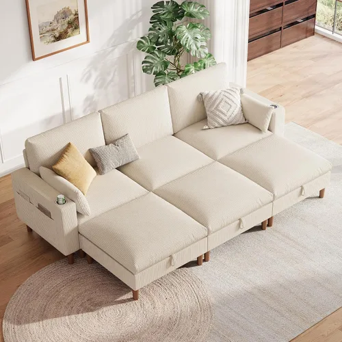 Vista 9 de LINSY HOME Sofá modular modular de 110 pulgadas con almacenamiento, sofá nube de 3 asientos con 1 otomana móvil y 2 almohadas, sofás seccionales