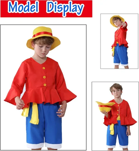 Vista 3 de YuDanae Disfraz de Luffy para niños sombrero de pajita disfraz de cosplay para Halloween fiesta de anime para niños pequeños de 3 y 10 años