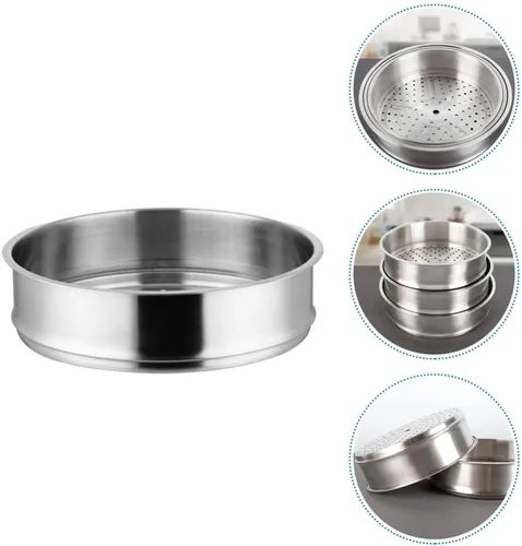 Vista 4 de Olla para verduras de acero inoxidable Dim Sum 11.8 in cesta de metal para cocinar al vapor Dim Sum bollos Verduras Pescado y Arroz Cesta de acero
