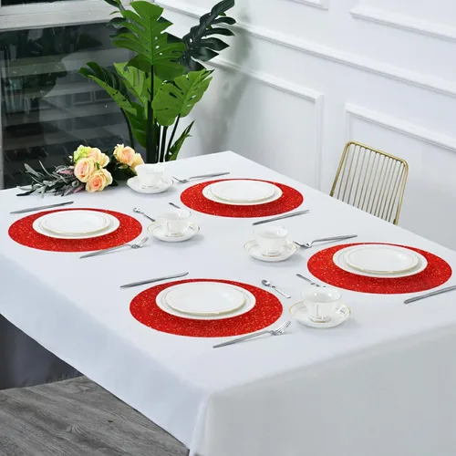 Vista 7 de Juego de 4 manteles individuales redondos de lentejuelas rojas con purpurina roja, juego de 4 manteles individuales de 15.4 pulgadas para cocina