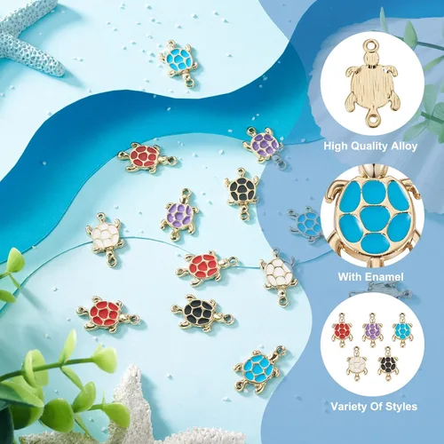 Vista 6 de Craftdady 40 dijes de eslabones de metal de tortuga, tortuga marina, aleación esmaltada, colgantes, dijes colgantes de animales dorados claros