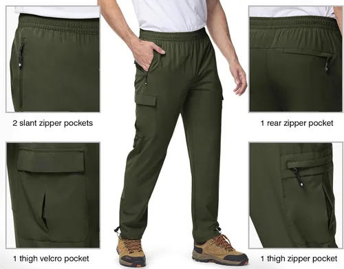 Vista 5 de Rdruko Pantalones de senderismo para hombre, de secado rápido, ligeros, resistentes al agua, elásticos, con 5 bolsillos y cordón