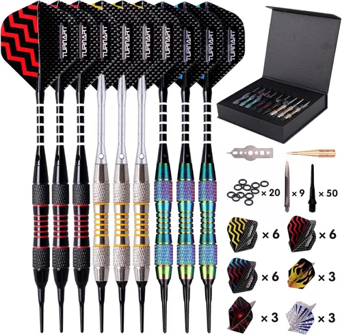 Vista 10 de Turnart Dardos de punta de plástico - Juego de dardos profesionales de punta suave para tablero electrónico de 9 piezas, 18 gramos con 50 puntas