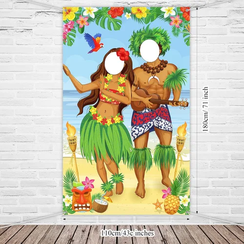 Vista 2 de Frienda Luau - Cartel de fotos para puerta de pareja, decoración de fiesta hawaiana de Tiki Luau, accesorios de fotos de Aloha Tiki para reunirse