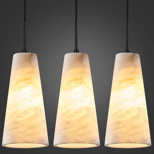 Vista 13 de Luces colgantes de alabastro natural, isla de cocina, pantalla cónica de mármol blanco, modernas lámparas de techo negras para mesa de comedor, sala