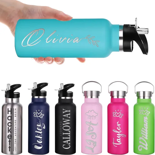 Vista 9 de Botellas de agua personalizadas con tapa de popote de 12/26 onzas, botella de agua deportiva aislada personalizada con grabado láser, botella