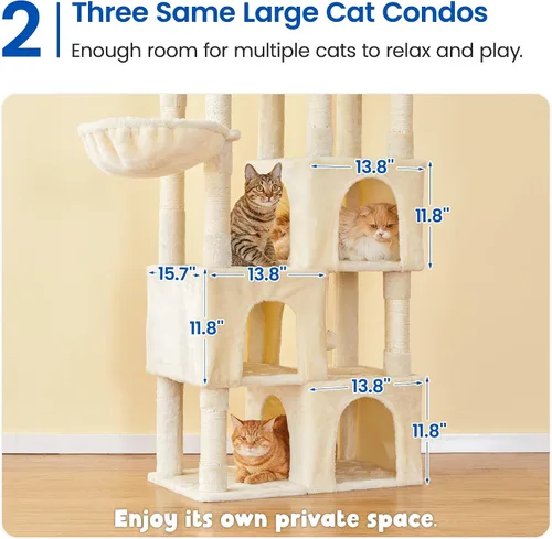 Vista 4 de MWPO Árbol grande para gatos de interior, torre de gatos de 63 pulgadas con 3 condominios para gatos, postes rascadores, pedestales acolchados, Beige