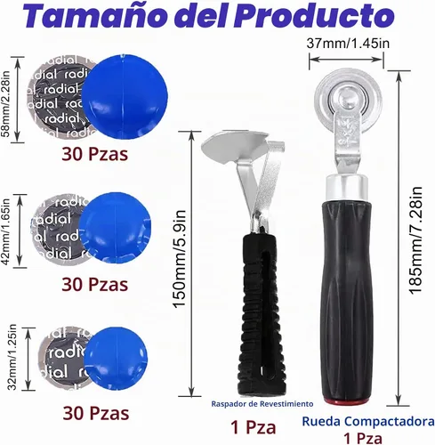 Vista 2 de Kit de 92 piezas de herramientas de reparación de neumáticos, kit de parches de neumáticos de 1.260 in, 1.654 in, 2.283 in, redondo, de goma