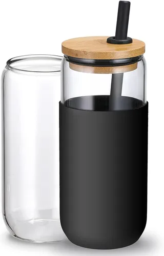 Vista 12 de Vaso de agua de vidrio de 20 onzas con funda protectora de silicona - Vasos de vidrio tipo lata de cerveza con pajita y tapa de bambú, vasos