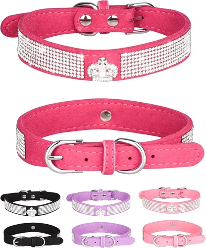 Vista 10 de Collar de perro para perros pequeños, collares ajustables de cuero de gamuza para perro, collar de perro rosa para gato, collar de perro