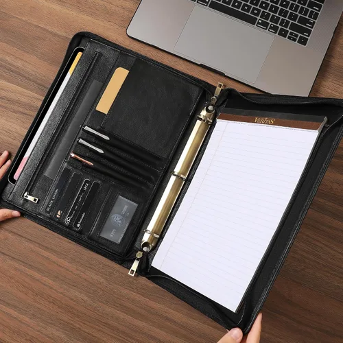 Vista 5 de Organizador de cartera de cuero genuino, carpeta de 3 anillos con bloc de notas, carpeta de cuero personalizada para hombres y mujeres