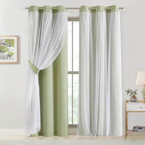 Vista 11 de Bujasso Cortinas 80% Opacas Beige con Superposición de Gasa Mezcla y Combinación Paneles de Ventana con Aislamiento Térmico de Doble Capa de 63