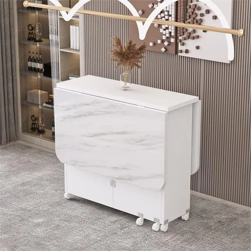 Vista 3 de LAKIQ Mesa de comedor plegable moderna con ruedas y estante de almacenamiento de 2 capas, mesa plegable de cocina rectangular con plomo para Beige