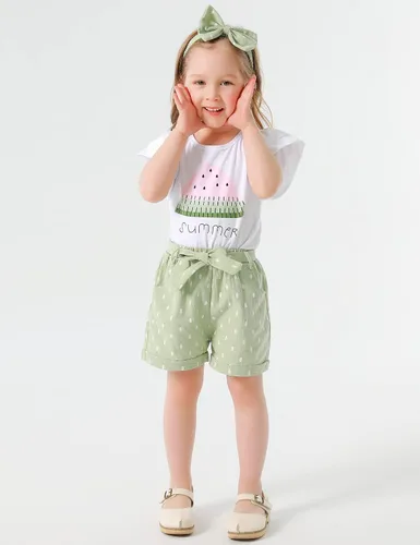 Vista 4 de MIGU Toddler Girl Clothes Summer Girls Clothing Sets Girl Stuff T-shirt Shorts Headband 3pcs Sets Gifts