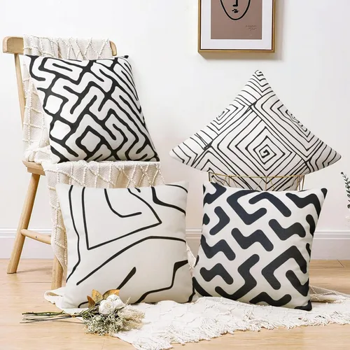 Vista 7 de Pyonic - Paquete de 2 fundas de almohada decorativas geométricas en blanco y negro, fundas de almohadón modernas y abstractas cuadradas para sofá