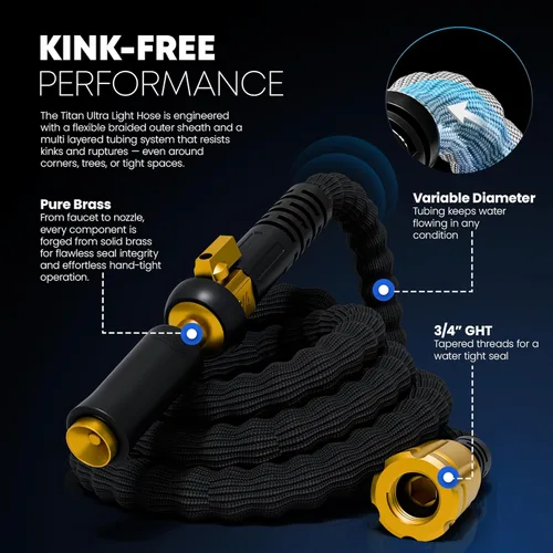 Vista 3 de Manguera de jardín flexible TITAN de 10 pies – Ultra ligera, manguera de agua resistente con accesorios de latón y boquilla de chorro – Sin