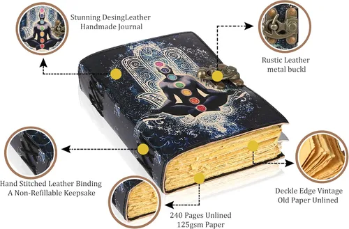 Vista 5 de Book of Spells - Diario encuadernado en cuero con papel de borde irregular, grimorio, diario impreso del Tercer Ojo, suministros de brujería