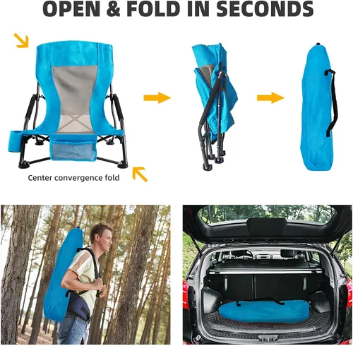 Vista 7 de Silla de playa plegable portátil para adultos, juego de 2, silla ligera con respaldo bajo con soporte para tazas y bolsillo de almacenamiento, silla