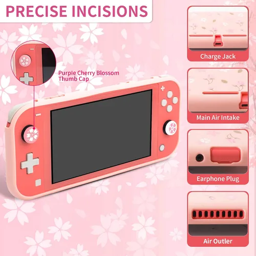 Vista 5 de FUNDIARY Funda de transporte Sakura rosa para Nintendo Switch Lite, lindo kit de accesorios de viaje para niña con bolsa de almacenamiento delgada