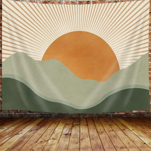 Vista 9 de JAWO Tapiz Bohemio Azul, Tapiz de Naturaleza con Montaña Abstracta y Sol Dorado para Colgar en la Pared para Dormitorio, Tapices de Paisaje