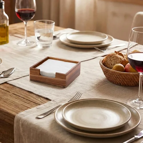 Vista 4 de Servilletero de cóctel de acacia para mesa, servilletero de madera, bandeja cuadrada plana para servilletas de bebidas, portaservilletas de cóctel