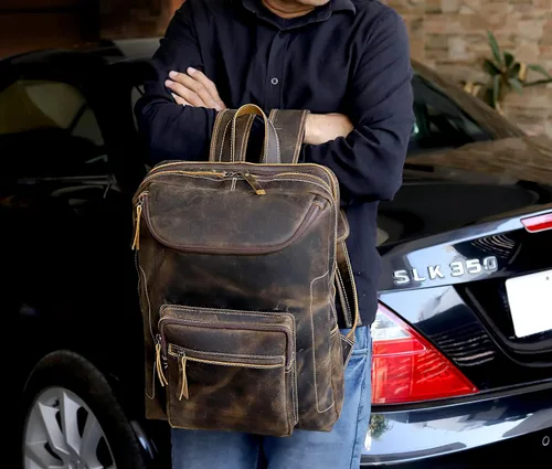 Vista 8 de Mochila de cuero vintage para hombre, bolsa para laptop de 16 pulgadas, gran capacidad, viajes de negocios, senderismo, mochila de hombro, mochila