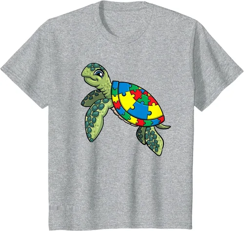 Vista 30 de Turtle Puzzle Pieces for Autism Awareness Kids Women Teacher T-Shirt Asphalt Grey