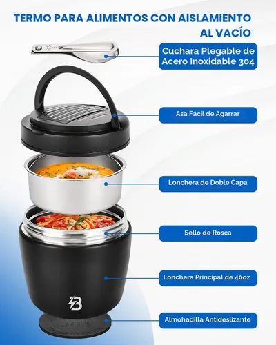 Vista 4 de Termo para comida caliente para adultos, termo de sopa de boca ancha de 40 onzas con cuchara, color negro